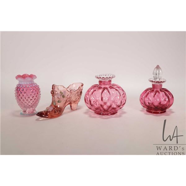 Four pieces of vintage collectible glass including cranberry/ opalescent 3 3/4" hobnail vase, cranbe