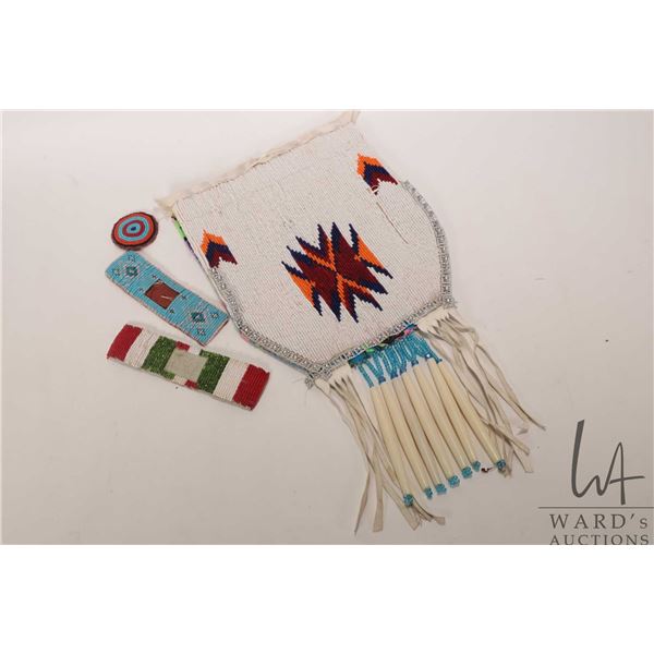 Vintage Indigenous beadwork panel/ pouch, two small straps and a 2" round beadwork patch