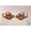 Image 1 : Two pairs of possibly moose hide moccasins with floral bead work including 9" in length and 9 1/2"