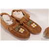 Image 2 : Two pairs of possibly moose hide moccasins with floral bead work including 9" in length and 9 1/2"