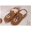 Image 3 : Two pairs of possibly moose hide moccasins with floral bead work including 9" in length and 9 1/2"