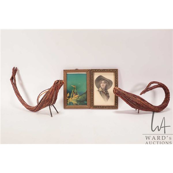 Two vintage James Bay Tamarack woven geese, vintage framed print of a maiden in a canoe and a Annie 