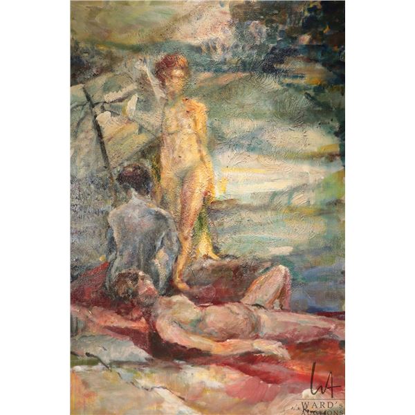 N.A. Hammond (/) signed acrylic on canvas painting of nude bathers at the beach, 36" X 24"