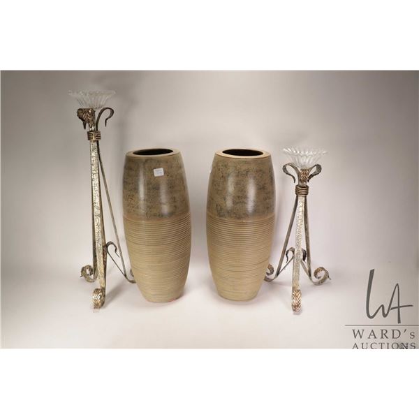 Two glazed pottery 18" vases and two metal and glass candleholders