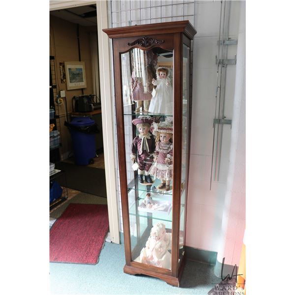 Modern illuminated side access display cabinet with four adjustable glass shelves and mirrored back,