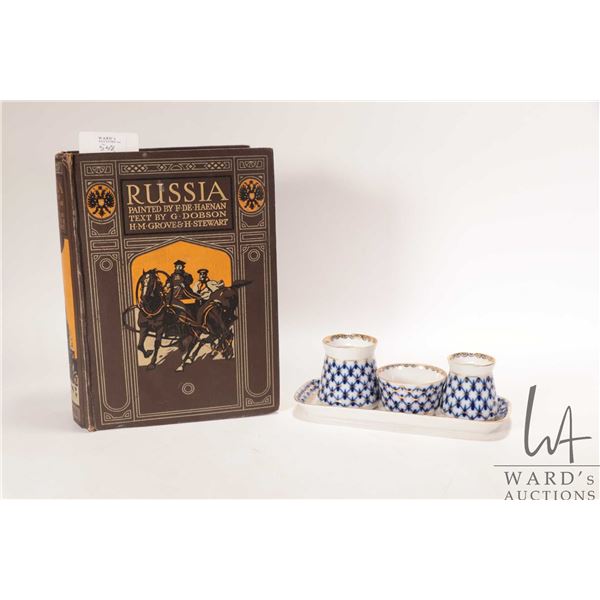 Russian Lomonosov four piece Imperial porcelain spice set and a hard cover book "Russia" by G. Dobso