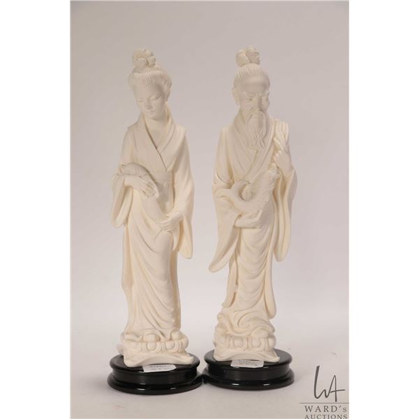 Vintage Golden Crown E&R Italy composition figures including geisha and wiseman, each approximately 