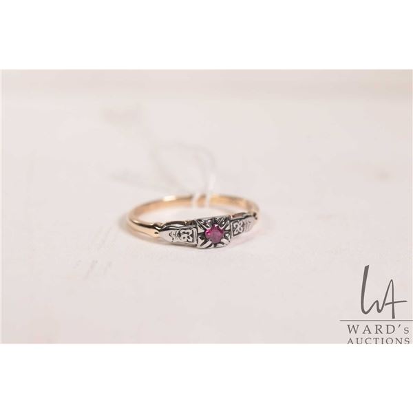 14kt yellow and white gold ring set with synthetic ruby gemstone, 1.6 grams, size 6.25