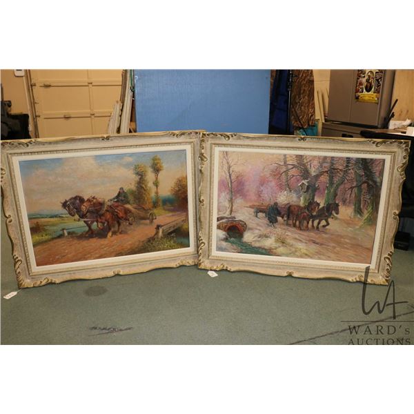Two large framed oil on canvas paintings including one depicting horse logging, 25-1/2" X 36" and a 