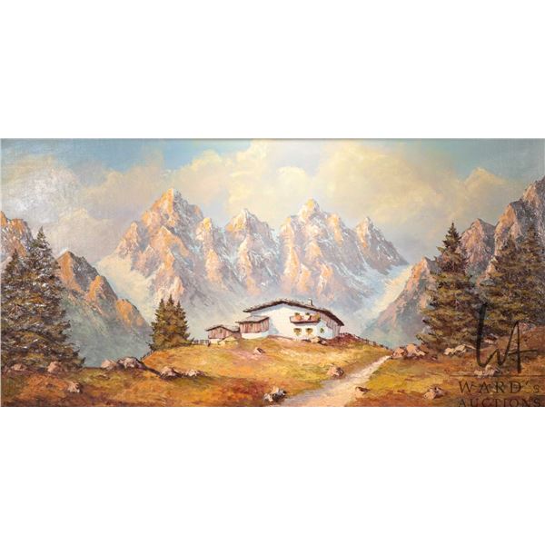 Othmar Karner, framed original oil on board painting of a swiss chalet in the alps 23-1/2" x 47-1/2"