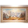 Image 2 : Othmar Karner, framed original oil on board painting of a swiss chalet in the alps 23-1/2" x 47-1/2"