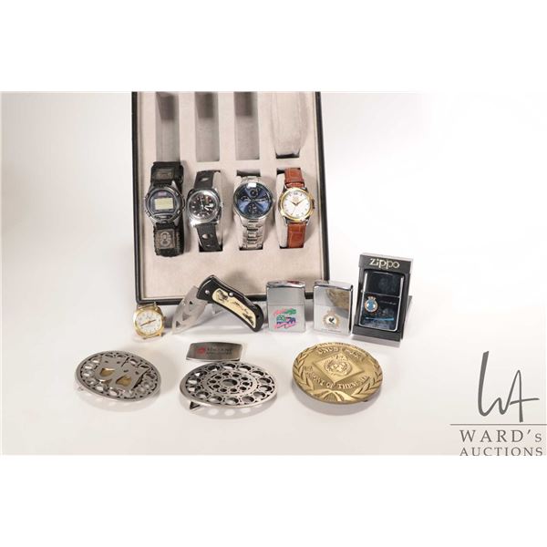 Tray of gent's jewellery and collectibles including New Swiss Army stainless steel watch, Timex mech