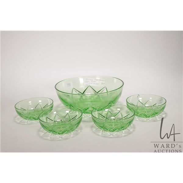 Vintage Uranium glass dessert set including serving bowl and four nappies, note: one nappy is cracke