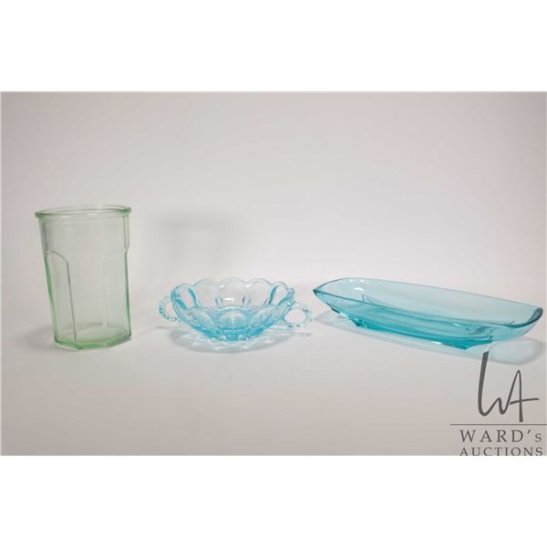 Three pieces of vintage glass including glow in the dark celery dish, plus double handled dish and a
