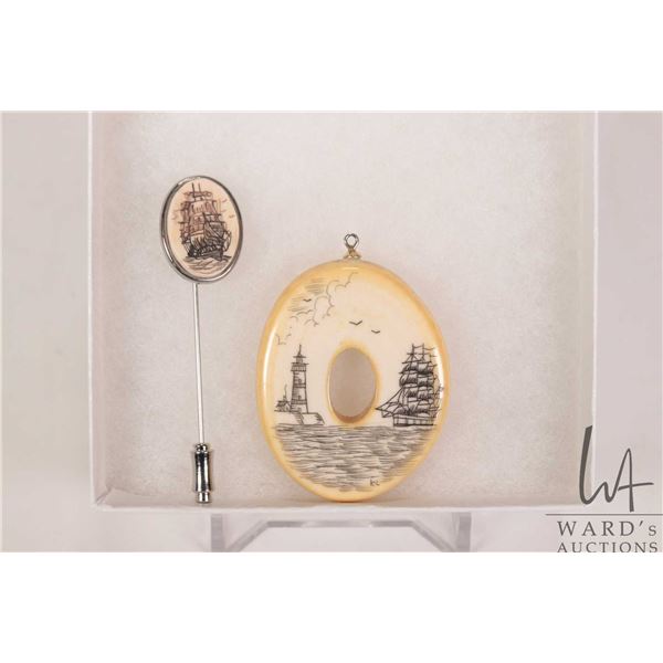 Two pieces of carved scrimshaw including pendant and a stick pin. Can not be shipped outside of Cana