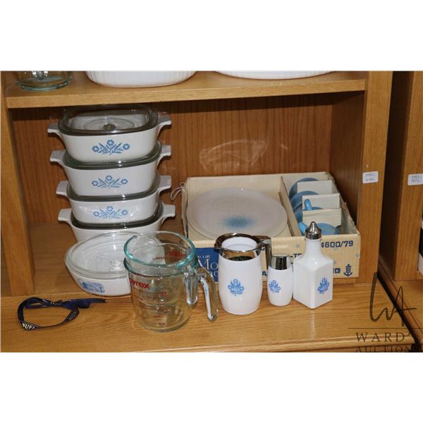 Selection of vintage cookware including Anchor Hocking Blue Mosiac snack set, four lidded casserole 