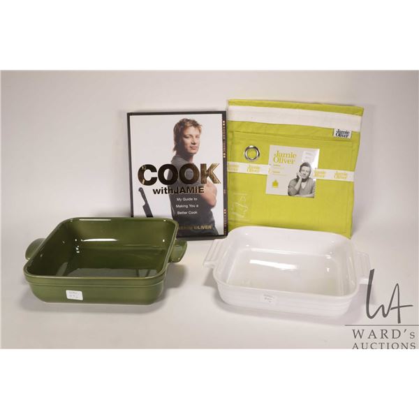 Cook with Jamie Jamie Oliver hardcover cookbook, Jamie Oliver cooking apron plus two ceramic baking 
