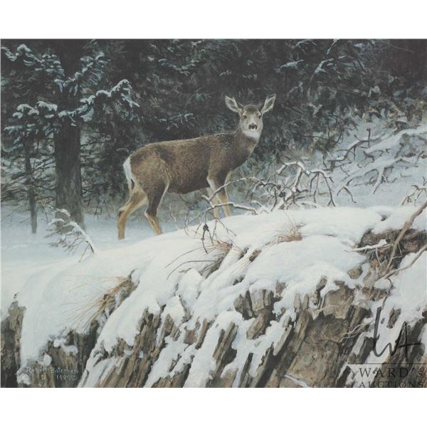 Robert Bateman, framed limited edition print titled " Mule Deer in Snow", 154/2500, pencil signed by