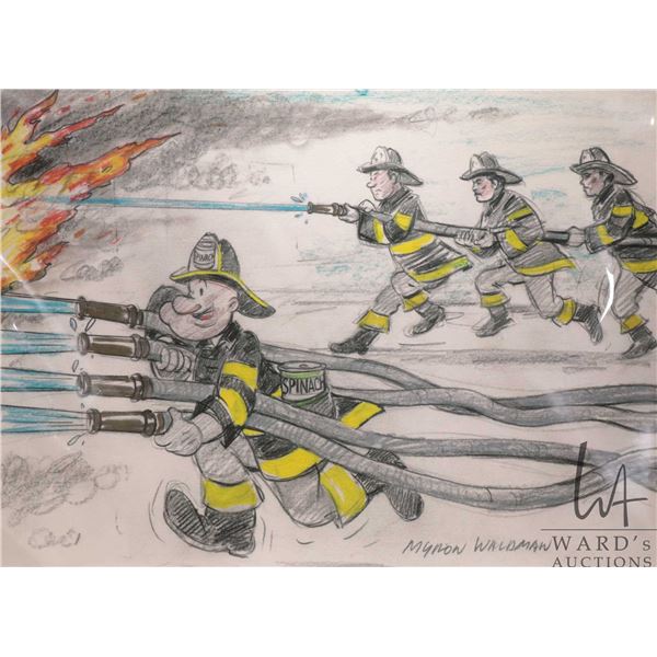 Myron Waldman, unframed coloured pencil on paper drawing of Popeye as a fire fighter, 22" X 28"