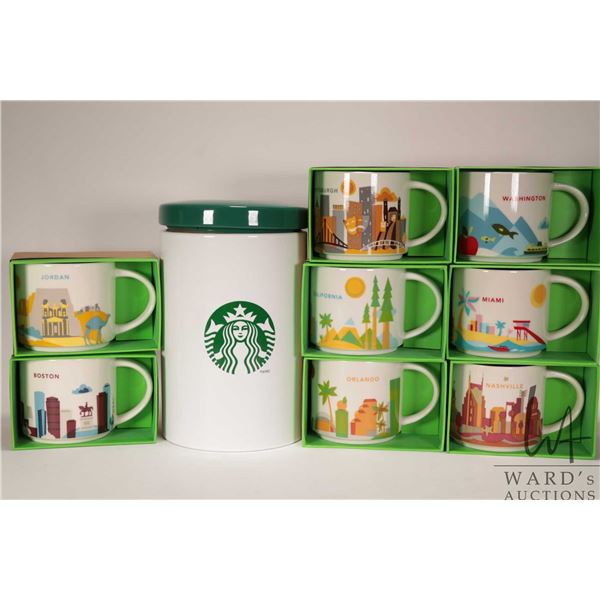 Eight Starbucks coffee mugs from the "You Are Here" collection including Boston, Nashville, Orlando 