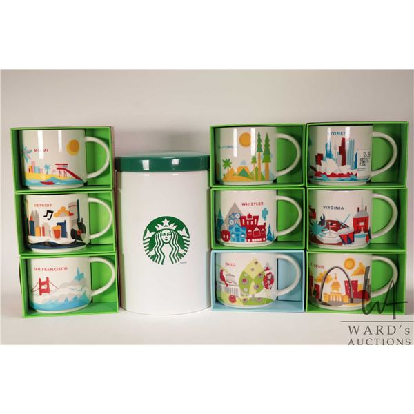 Eight Starbucks coffee mugs from the "You Are Here" collection including Whistler, Miami, St. Louis 