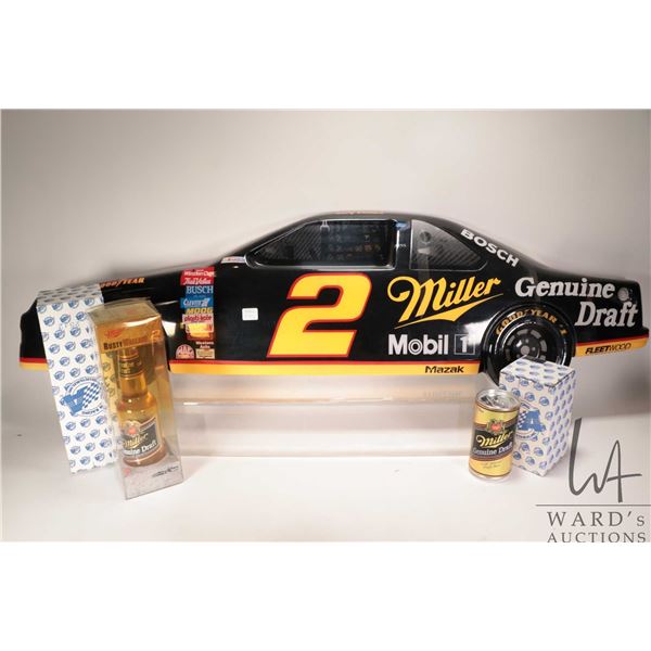 Three Rusty Wallace 1: 64th scale collectibles including Miller Genuine Draft car in bottle, plus ca