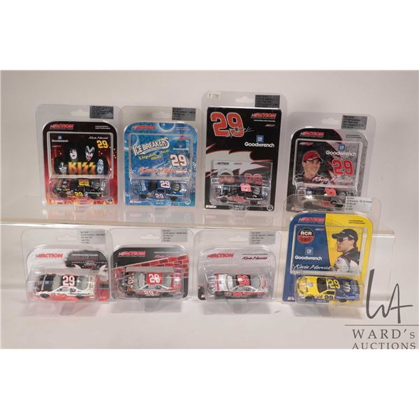 Eight Kevin Harvick limited edition Action 1: 64 scale die cast cars, various themes including Kiss,