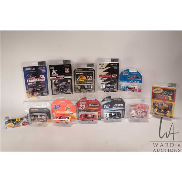 Twelve 1:64 scale collectible die cast race cars including Casey Mears, Kerry Earnhardt, Steve Pack,