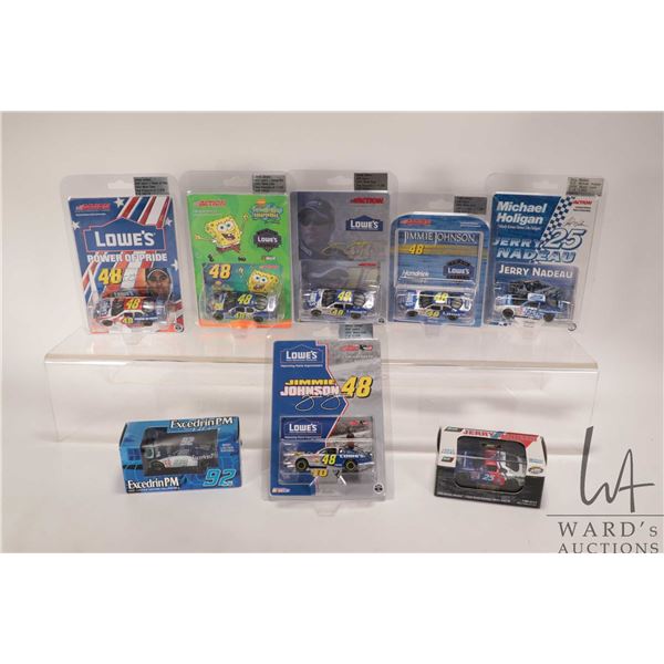 Eight 1: 64 scale die cast collectible cars including Jimmy Johnson 2001-2005 and Jerry Nadeau 2000