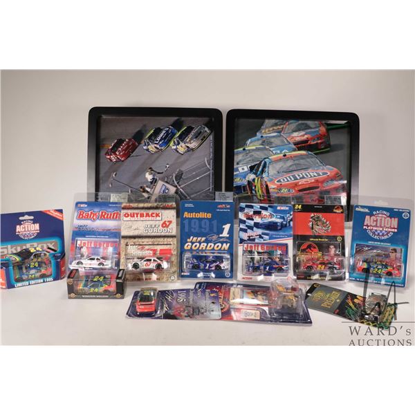 Eleven 1: 64 scale die cast collectible Jeff Gordon race cars 2004-2006 and two framed photographic 