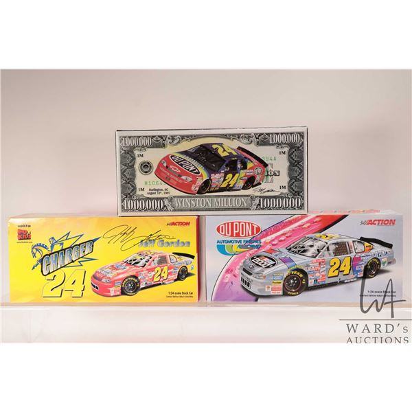 Three limited edition Action 1: 24 scale Jeff Gordon die cast collectible cars including Winston Mil