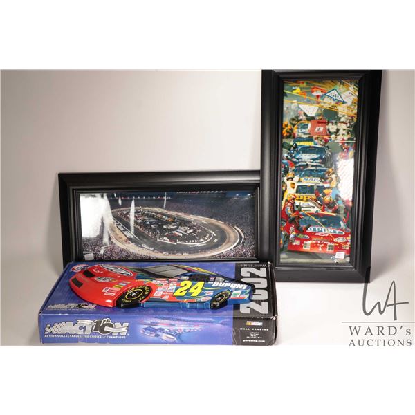 Three Nascar collectibles including Action car themed wall display and two framed coloured photograp