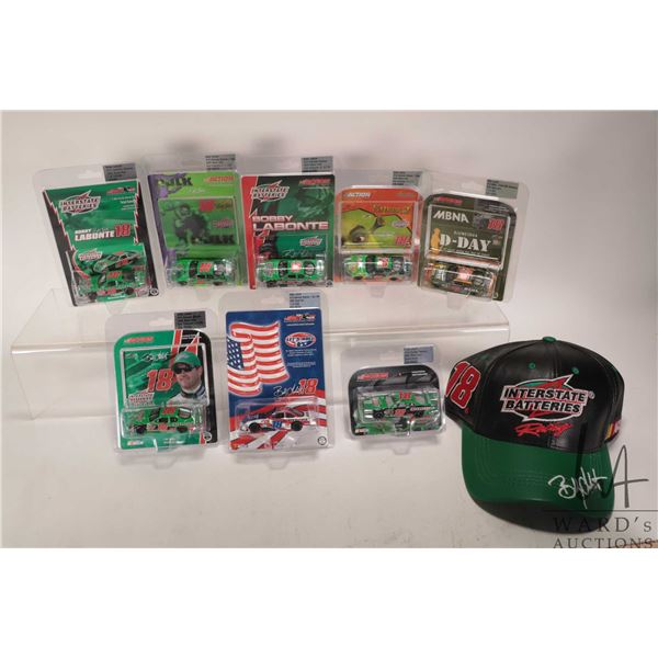 Eight 1: 64 scale die cast collectible Bobby Labonete 2002-2005 race cars and a leather Interstate B
