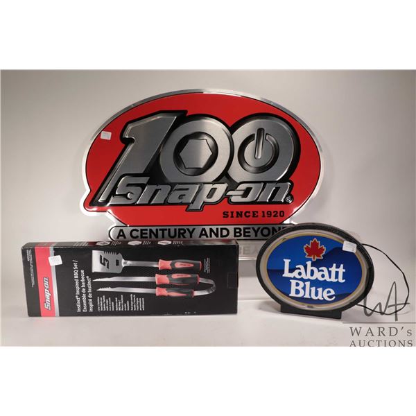 Light up Labatt's Blue sign, a two piece Snap-on barbecue set and a Snap-on 100 years sign