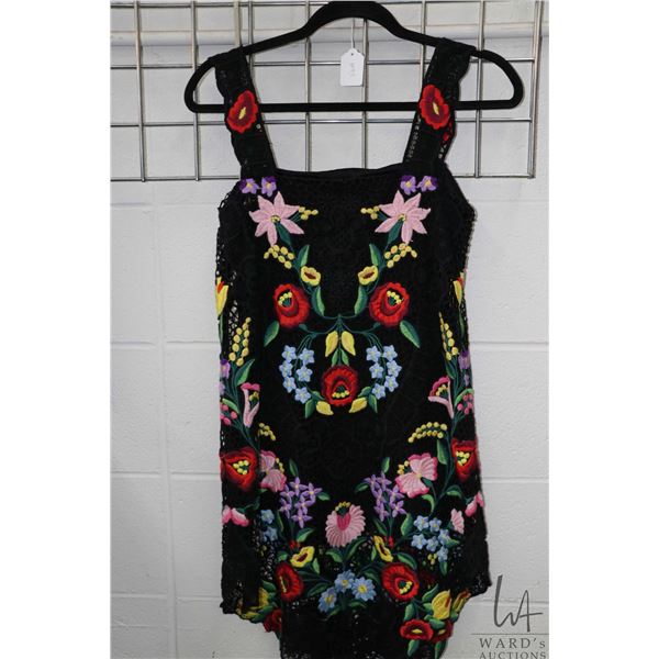 Vintage Dolce and Gabbana embroidered lace mini dress with colourful floral design and scalloped hem