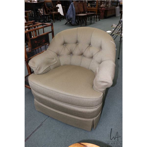 Pair of matching tub style upholstered parlour chairs with button tufted backs