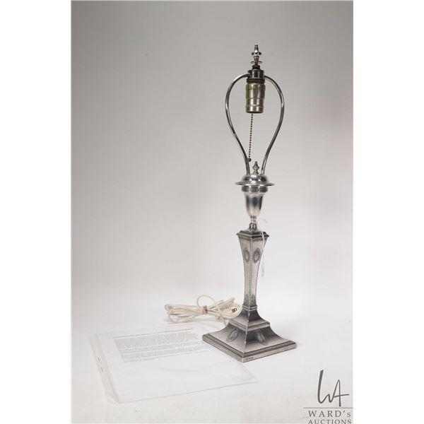 Antique sterling silver electric table lamp with a rich and royal provenance. Made by Hawksworth Eyr