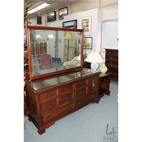Solid Honduras mahogany bedroom suite including eight drawer mirrored dresser 31" H X 62" W X 20" D 