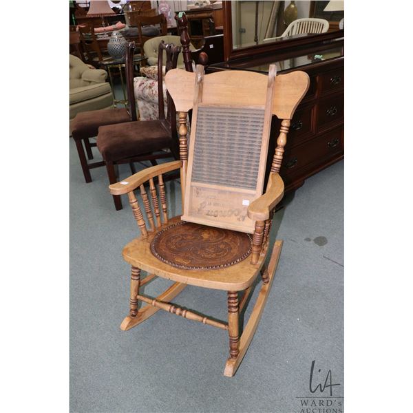 Antique spindle back rocking chair with Nouveau tooled leather insert plus a glass and wood Economy 
