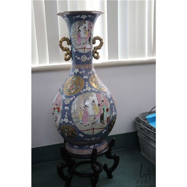 Large Chinese double handled floor vase with hand painted florals and cameos of courtyard scenes, wi