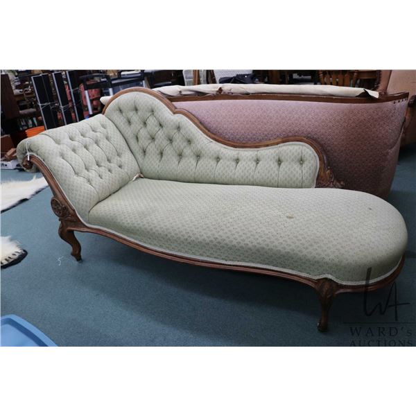 Victorian chaise longe with button tufted upholstery, decorative show wood and porcelain castors, 77