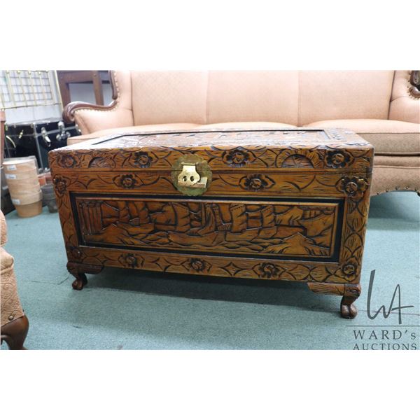 Carved Oriental style camphor wood hinged lid blanket box, 19" X 35" X 17"