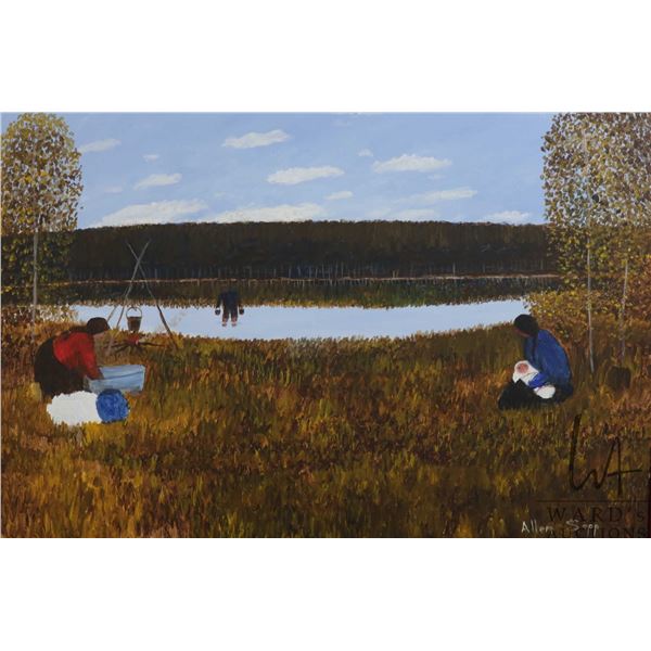 Allen Sapp, acrylic on canvas painting of camp life by the lake, 24" X 36"