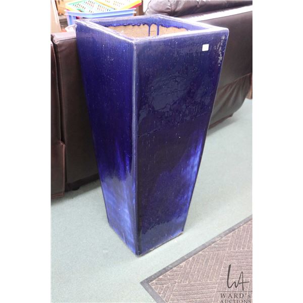 Tall blue glazed planter, 36" H X 15" square
