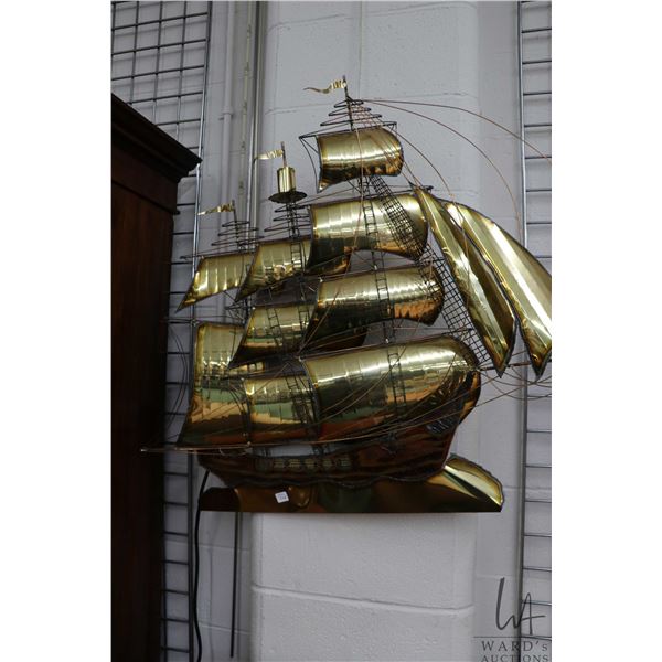Mid century modern style brass and copper tall ship with full sails wall art made by Torch Art Ltd. 