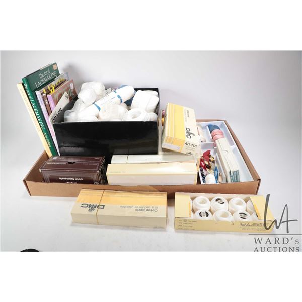 Large selection of lace making supplies including DMC embroidery cotton plus selection of lace makin