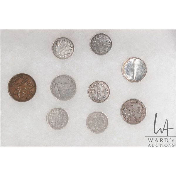 Selection of vintage Canadian silver coins including 1901, 1917, 1918 and 1919 five cents, 1941 Newf