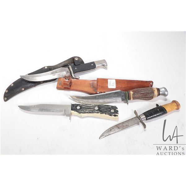 Four bucks knives including stag handled with leather sheath, Original Buffalo Skinner with leather 