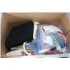 Image 2 : Box of crafting and sewing supplies including fabric, scissors, embroidery silks etc.