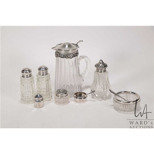 Antique cut glass pitcher with sterling silver grapevine motif collar and lid and a selection of sha